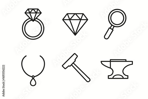 Jewelry icons: ring, diamond, magnifying glass, necklace, hammer, anvil illustrations