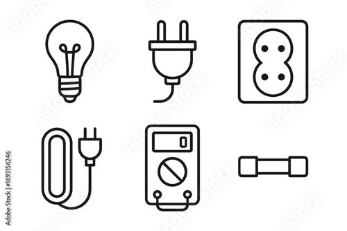 Set of electrical icon illustrations: bulb, plug, socket, cable, multimeter, dumbbell