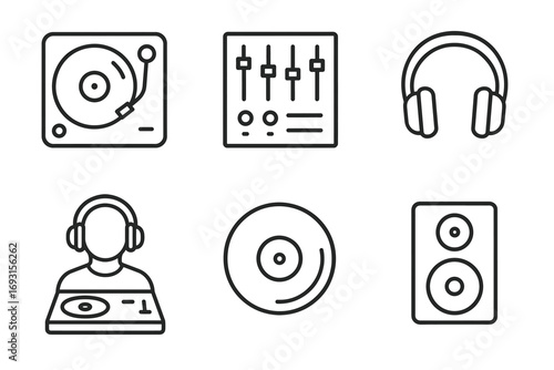 Dj equipment icons: turntable, mixer, headphones, speaker, vinyl record