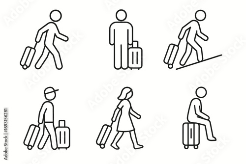 Set of stick figure icons with luggage and various poses