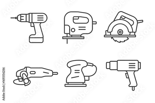 Outline icons of power tools: drill, jigsaw, circular saw, angle grinder, sander, heat gun