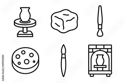 Pottery crafting tools icons: wheel, clay, brushes, kiln, glazes