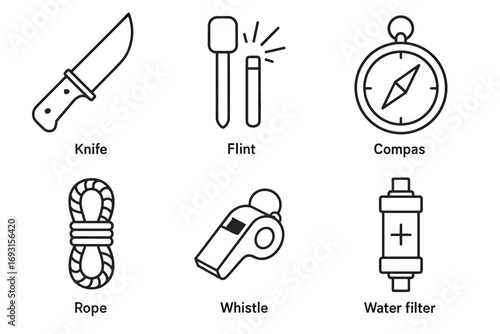 Essential outdoor survival tools: knife, flint, compass, rope, whistle, water filter