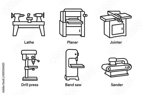 Illustration of woodworking tools: lathe, planer, jointer, drill press, band saw, sander