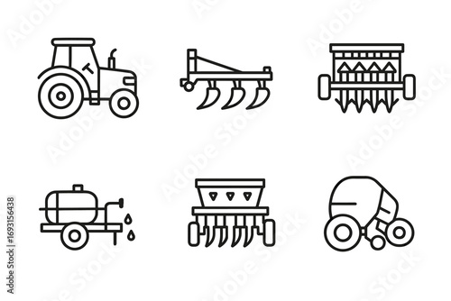 Outline icons of farming equipment: tractor, seeder, harrow, spray tank