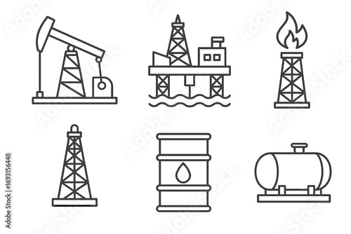 Oil industry icons: drill, rig, barrel, tank, flame tower