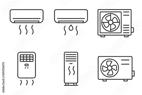 Set of line icons for air conditioning and cooling appliances