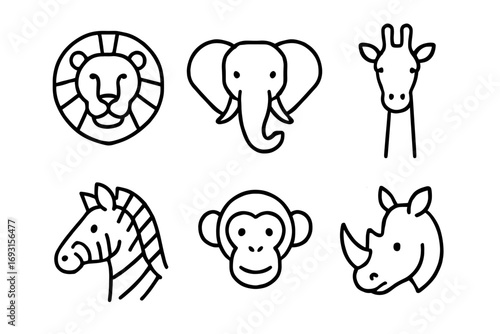 Simple outline illustrations of six wild animals: lion, elephant, giraffe, zebra, monkey, rhino