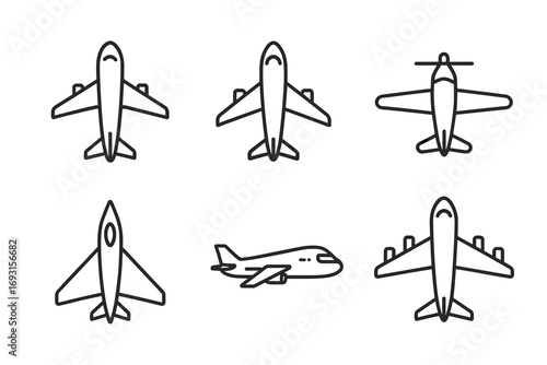 Collection of airplane icons in simple black outline style