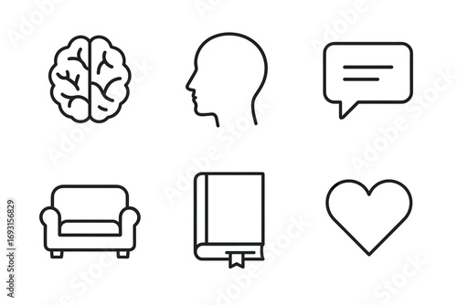 Minimalist icon set featuring brain, head silhouette, speech bubble, sofa, book, and heart