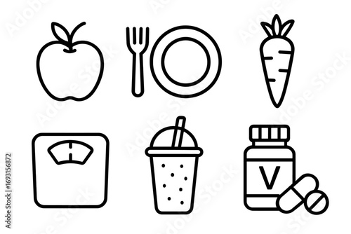 Healthy lifestyle icons: fruit, vegetables, nutrition scale, smoothie, vitamins