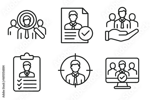 Recruitment icons set: candidate selection and evaluation process symbols