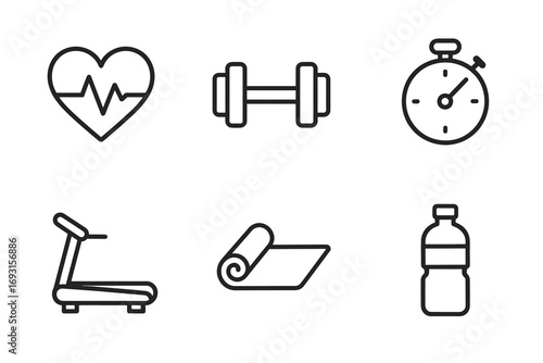 Fitness icons: heart, dumbbell, stopwatch, treadmill, yoga mat, water bottle