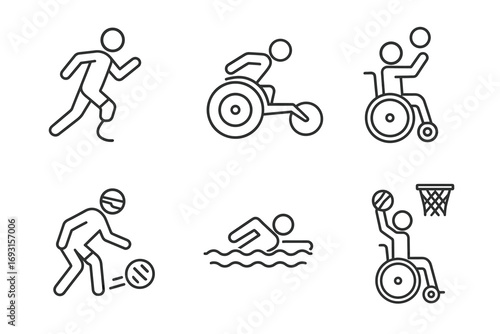 Adaptive sports icons: running, wheelchair racing, wheelchair basketball, blind soccer, swimming