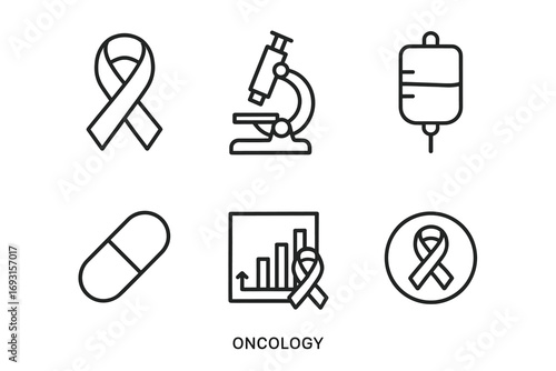 Cancer awareness symbols: ribbon, microscope, iv drip, pill, chart icons