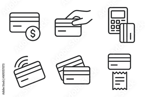 Credit card usage icons set: payment, wireless, transactions, receipt, terminal