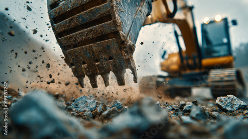 Close-up view of heavy tracked excavator bucket digging and breaking rocks in an active construction site with flying debris and dust in motion