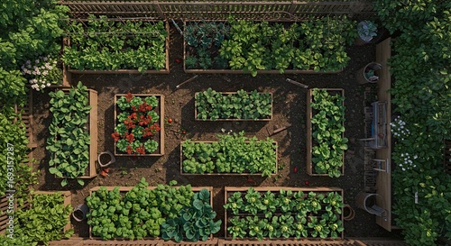 Overhead Garden View with Lush Green Plants in Raised Wooden Beds
