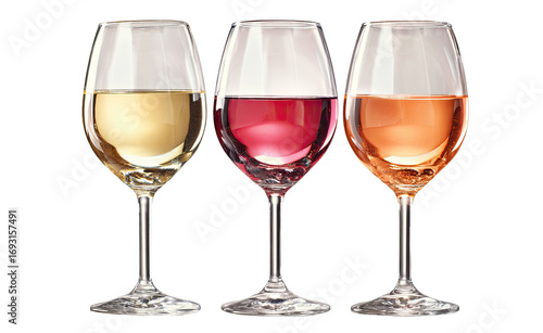 Three wine glasses, filled with white, ros?, and red wine, displayed side-by-side against a black background