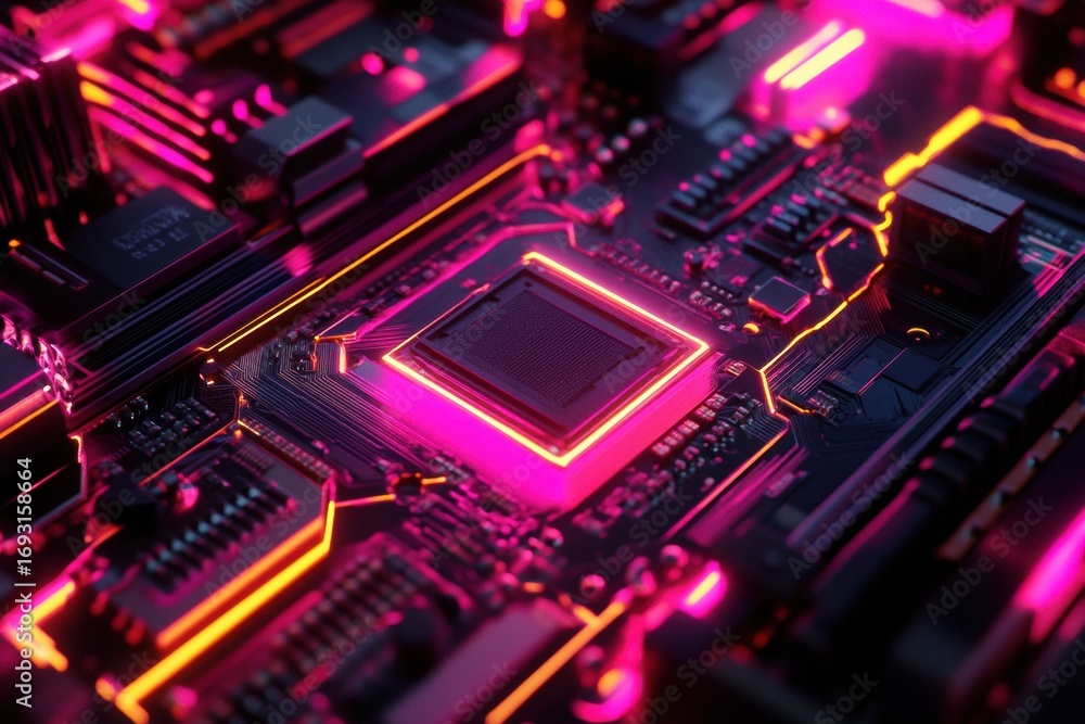 Obraz premium Close up view of a glowing circuit board with bright pink and orange lights emphasizing electronic components in a dark environment