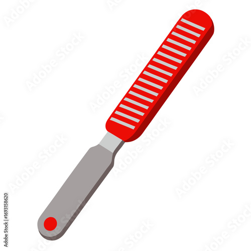Foot rasp tool with textured metal surface and red handle vector on white background.