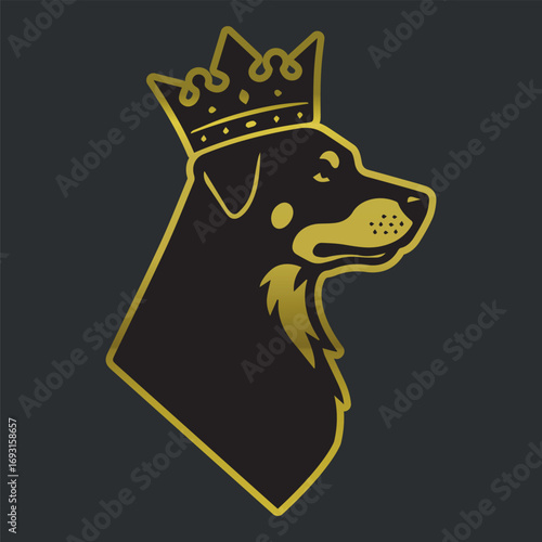 Elegant black dog logo with golden crown, royal pet silhouette design on dark background, symbol of luxury, power and prestige