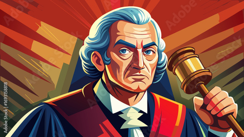 Close-up portrait of male judge holding gavel in hand. Isolated background emphasizes authority, justice, and solemn dignity of legal tradition.