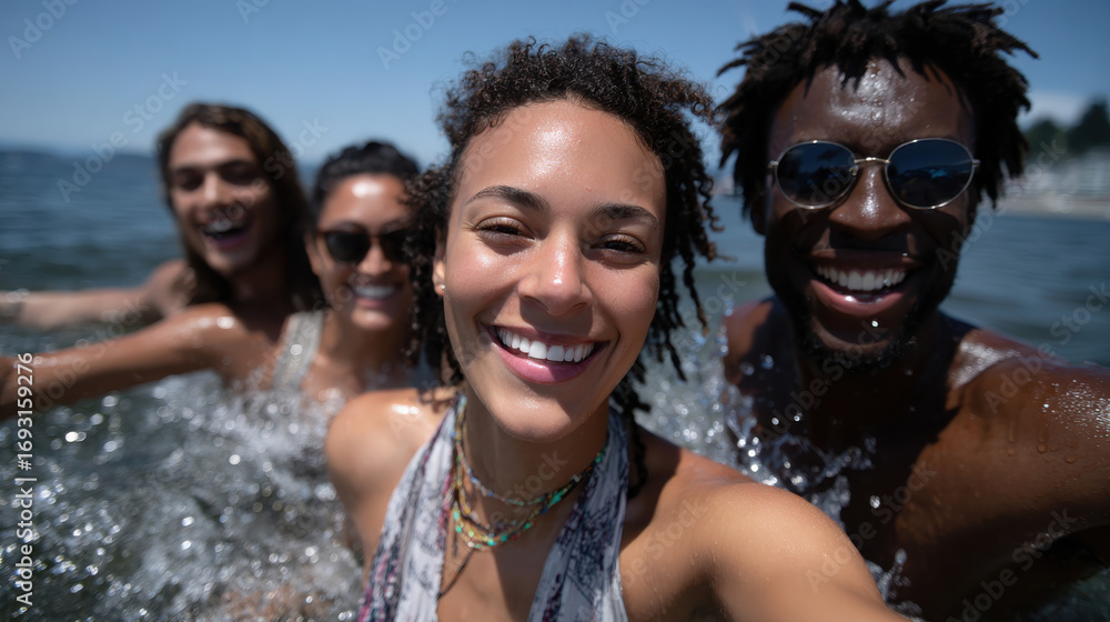 Obraz premium A joyful group of friends splashes water together at the beach, capturing their laughter and carefree spirit in a sunlit moment of friendship and playfulness by the sea.