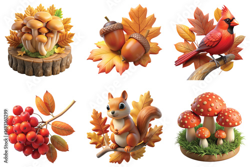 Set of 3d cartoon autumnal icons with mushrooms, acorns, and squirrel, fall wildlife in playful style