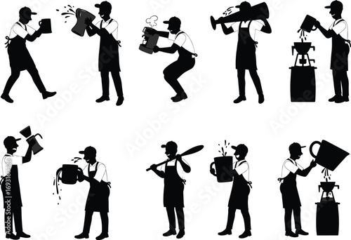 Funny baristas making coffee with oversized tools and exaggerated expressions - creative cartoon vector illustration for cafe, beverage, or food content.