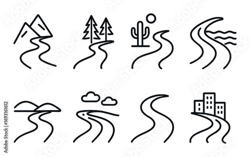 Travel destinations linear icon set. featuring mountains, forest, desert, beach, hills, skyline symbols.