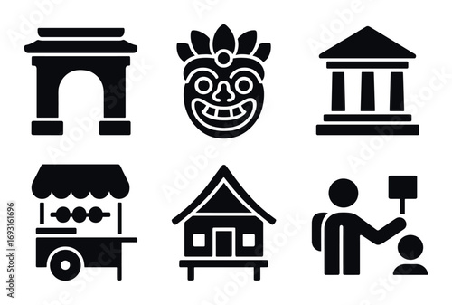 Cultural travel silhouette icon set. featuring arch, mask, temple, street food cart, house, tour guide.