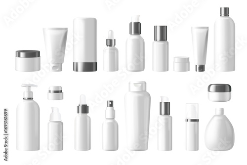 Cosmetics bottles mockup. White cosmetic container, skincare cream empty bottle clear lotion shampoo plastic jar pump spray beauty product package set, exact vector illustration