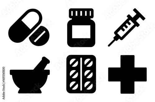 Medical silhouette icon set. featuring pills, bottle, syringe, mortar, tablets, and cross.