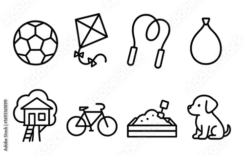 Playtime linear icon set. featuring soccer ball, kite, jump rope, balloon, treehouse, bicycle, sandbox, puppy.