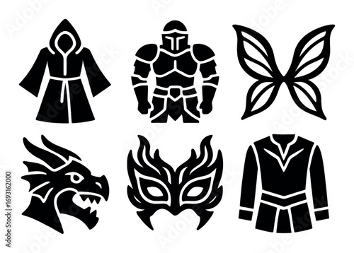 Fantasy costume silhouette icon set. featuring wizard, warrior, fairy, dragon, mask, and cloak icons.