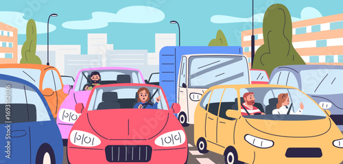 Traffic jam. People stuck car congestion, morning busy road angry sad driver late on work slow driving crowded vehicle highway problem heavy drive time classy vector illustration
