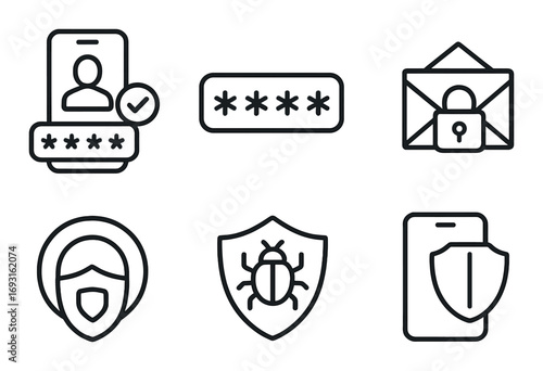 Security and privacy linear icon set. featuring password, lock, protection, shield, encryption, and secure symbols.