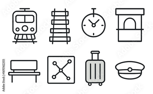 Transportation linear icon set. featuring train, tracks, clock, ticket booth, bench, route, luggage, and cap symbols.