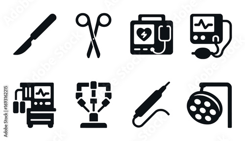 Medical equipment silhouette icon set. featuring scalpel, scissors, defibrillator, monitor, robot, machine, light.
