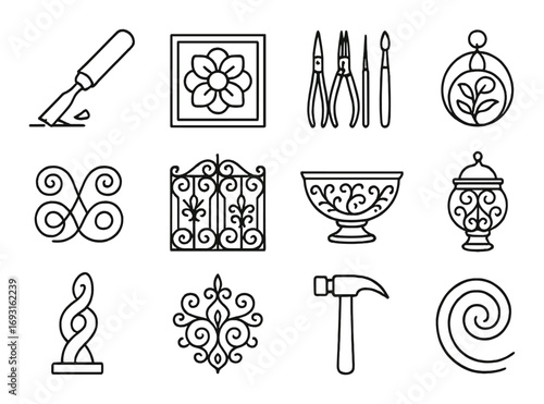 Decorative arts linear icon set. featuring carving, painting, pliers, floral, gate, vase, urn symbols.