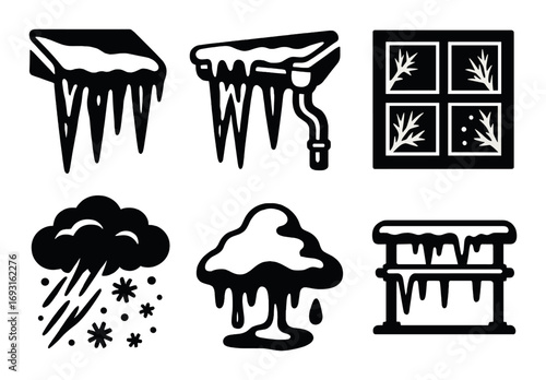 Winter weather silhouette icon set. featuring icicles, snow, storm cloud, frozen pipe, window frost, railing snow.