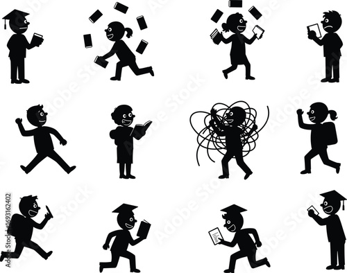 Silhouettes of children and students reading books and tablets, learning, studying, education, graduation cap, technology, school, knowledge, kids