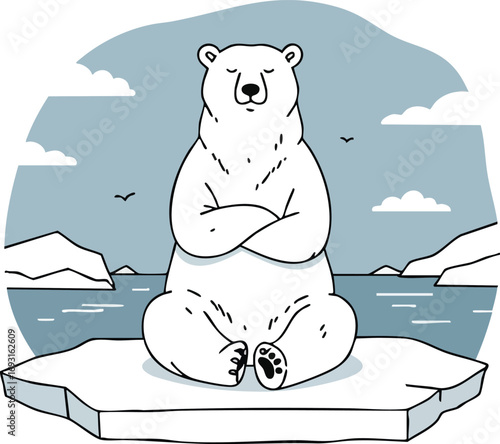Polar bear sitting on ice floe with ocean and mountains background in cold arctic environment vector illustration 