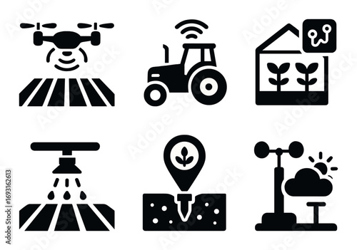 Smart farming silhouette icon set. featuring drone, tractor, greenhouse, irrigation, gps, and weather symbols.