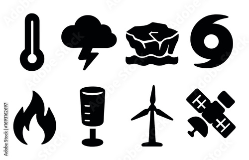 Weather silhouette icon set. featuring thermometer, storm, iceberg, cyclone, fire, rain gauge, turbine, satellite.