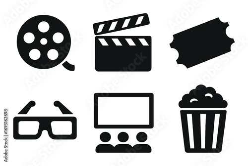 Movie entertainment silhouette icon set. featuring reel, clapperboard, ticket, 3d glasses, screen, popcorn.