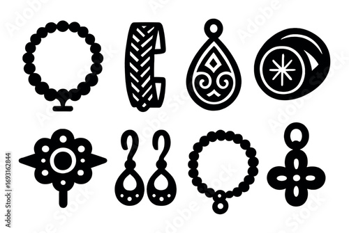 Jewelry silhouette icon set. featuring necklace, bracelet, pendant, ring, brooch, earrings, gemstones, charms..