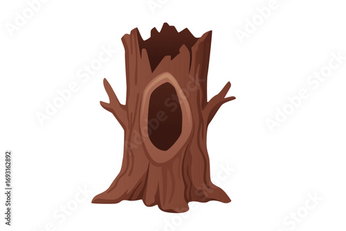 Hollow tree stump with large cavity inside. Dark brown aged wood forming natural wildlife hideout. Forest shelter element with oval opening entrance. Vector illustration isolated on white background