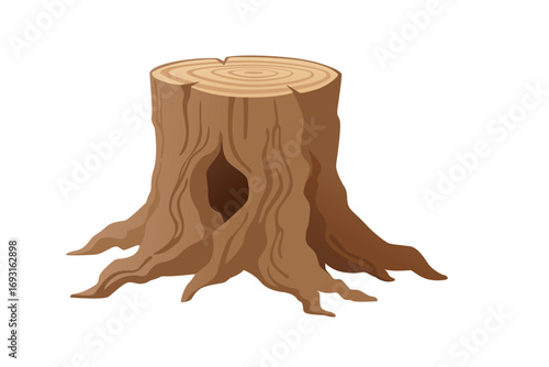 Tree stump with growth rings and small cavity hole. Light brown wood texture with natural grain pattern. Forest element for outdoor landscape designs. Vector illustration isolated on white background